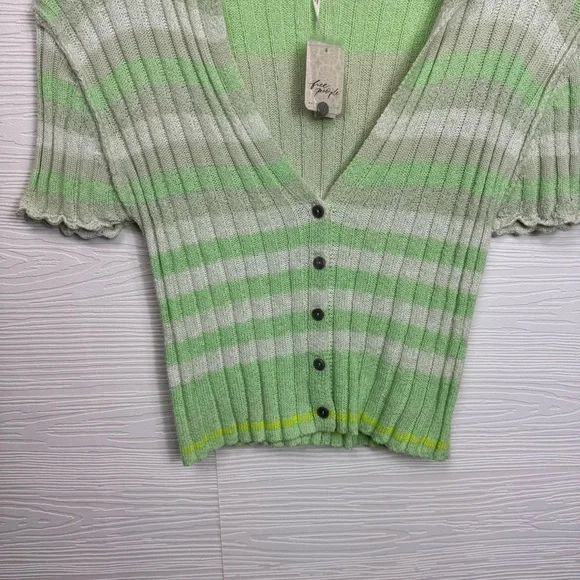 Free People Green White Collared Striped Button-Up Knit Top Flirt Cardi - Picture 4 of 8
